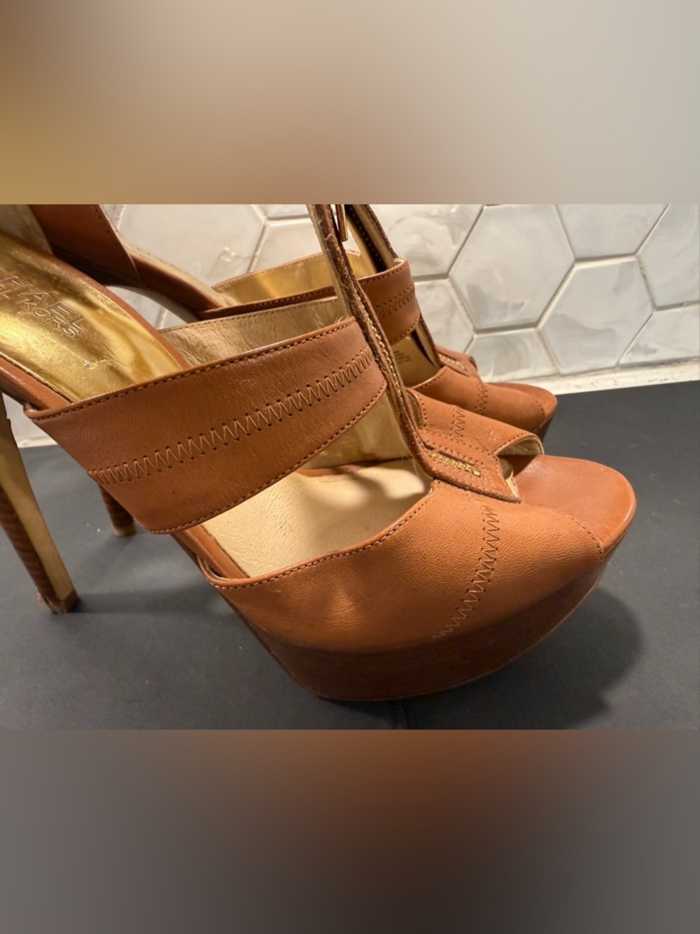 Michael Kors Berkley Platform Sandals Tan Leather Sz 10 Zipper Stiletto Heels - Picture 13 of 16